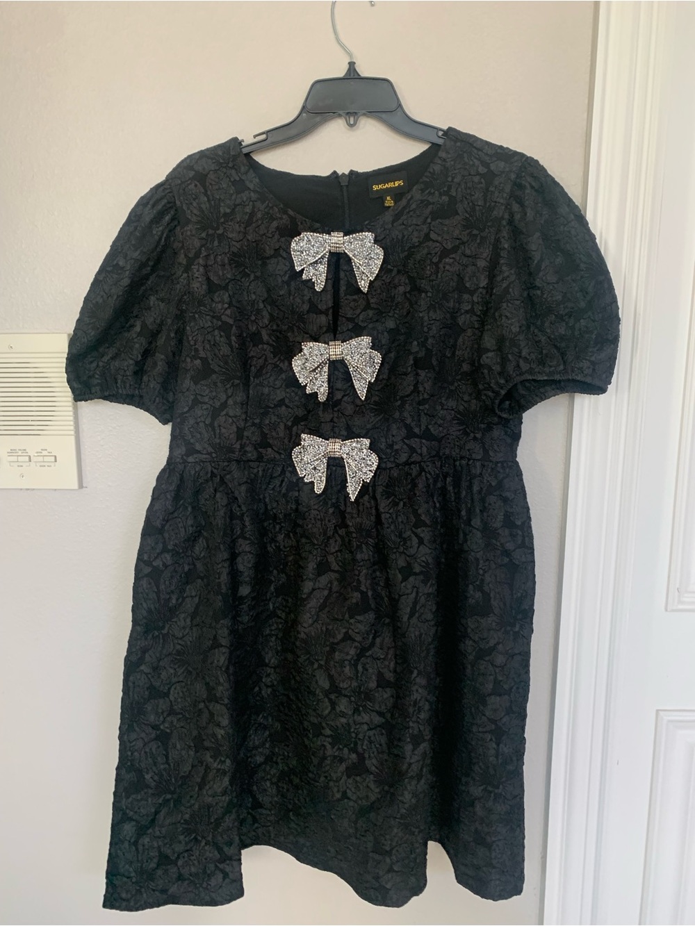 Sugarlips Black Lace Dress with Three Sparkling Bow Accents